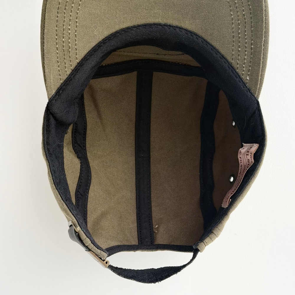 Filson Tin Cloth 5-Panel Cap Mens Olive Green Waxed Canvas Hat Leather Strap - Picture 9 of 10
